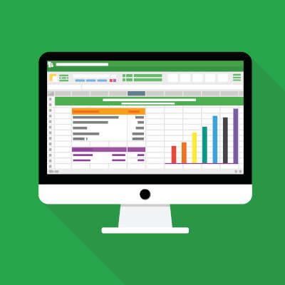 Spreadsheet Table and Graphic on Desktop Computer with white monitor. Flat Style Illustration.